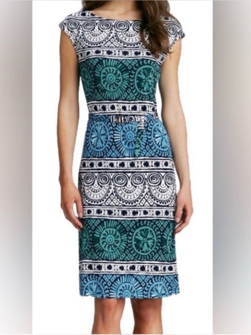 Tory Burch stretchy silk Printed Cap-Sleeve Sheath Dress in Teal & Blue. Size S